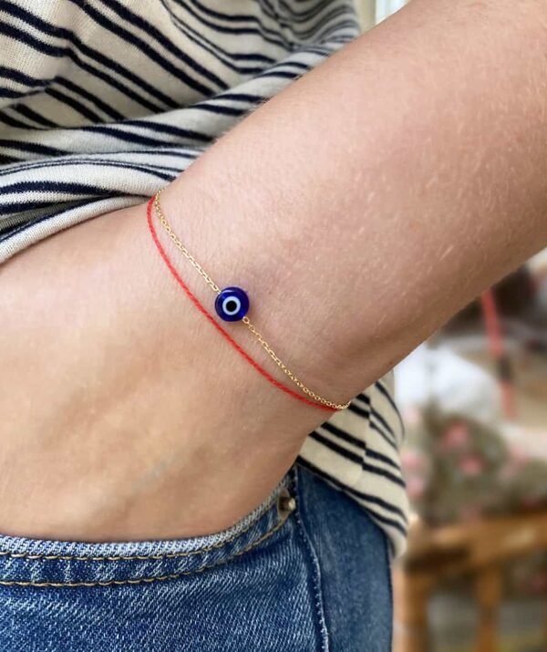 make a wish blue eye bracelet / 14K Gold and red thread