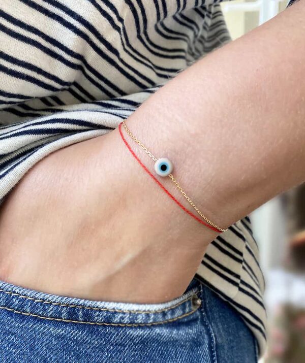 make a wish white eye bracelet / 14K Gold and red thread