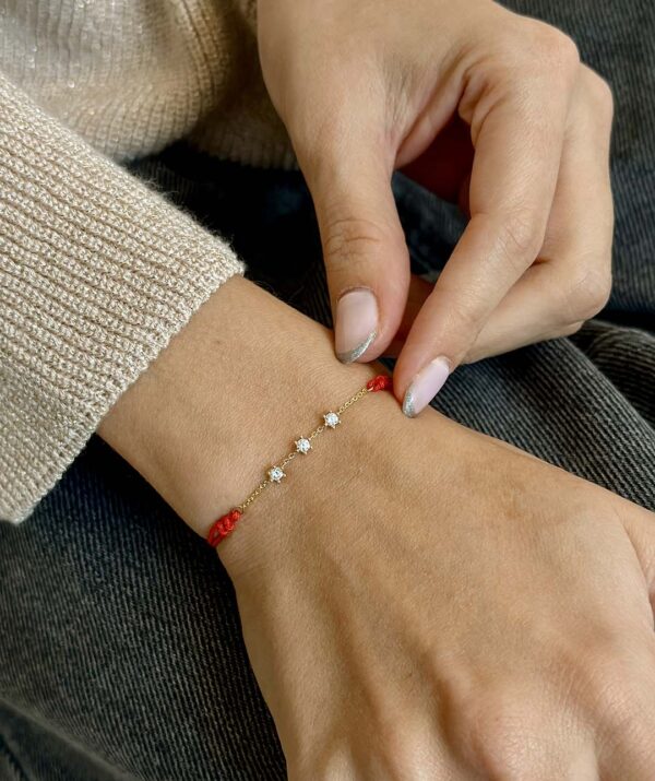 3 diamond chain red rope bracelet / 14K Gold
