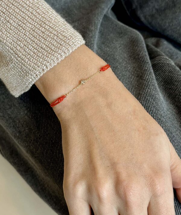 diamond chain red rope bracelet / 14K Gold